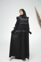 Black Zaina Ruffle Shoulders & Under Bust Abaya Dress - Soft Silk Crepe