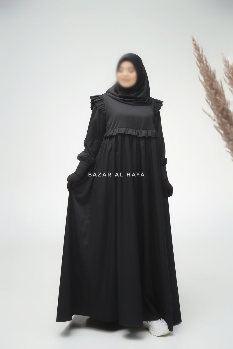 Black Zaina Ruffle Shoulders & Under Bust Abaya Dress - Soft Silk Crepe