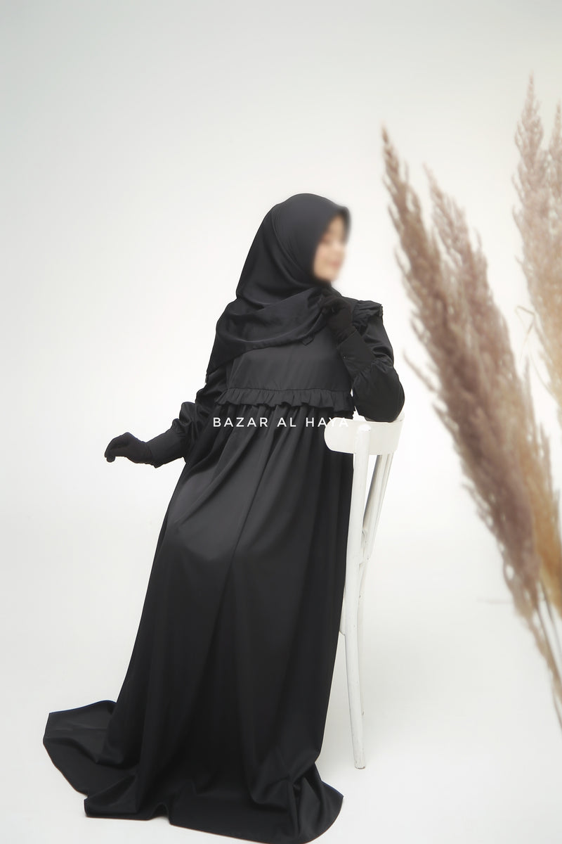 Black Zaina Ruffle Shoulders & Under Bust Abaya Dress - Soft Silk Crepe