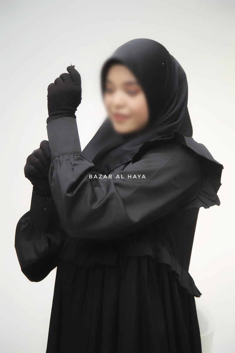 Black Zaina Ruffle Shoulders & Under Bust Abaya Dress - Soft Silk Crepe
