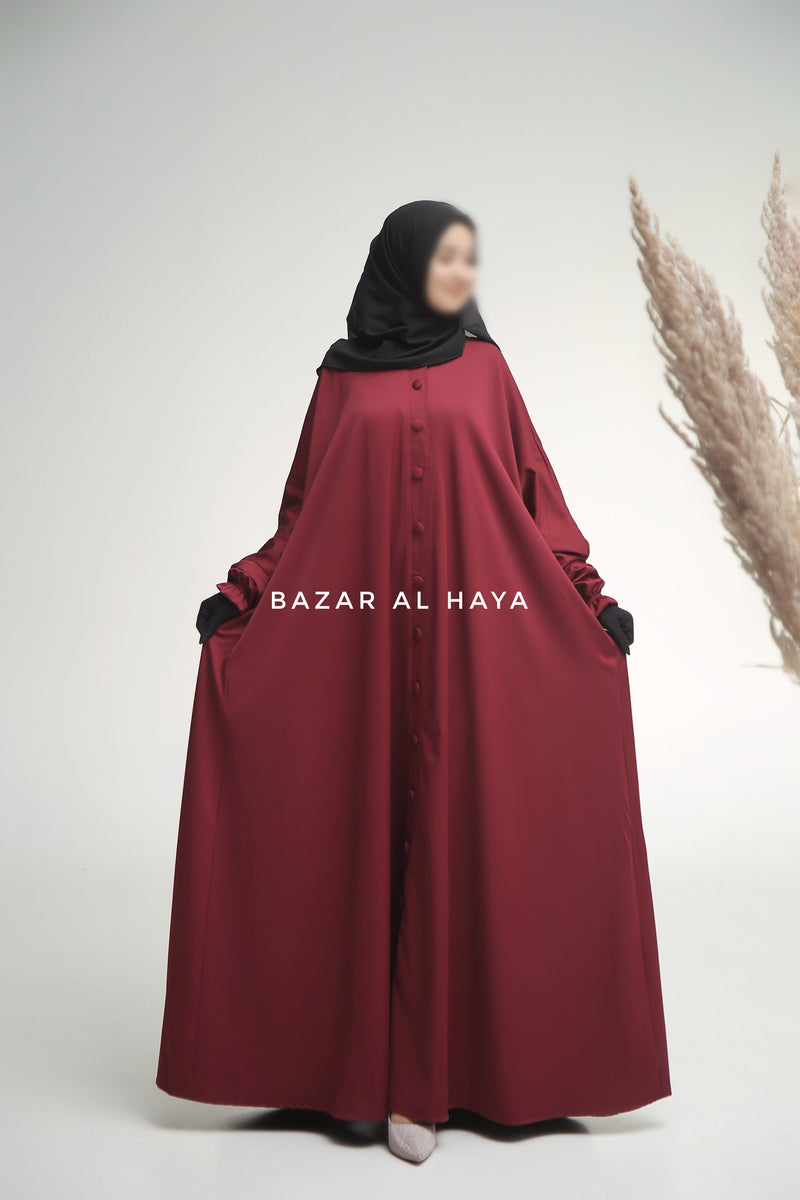 Burgundy Safa Loose - Fit Abaya With Button Front - Silk Crepe