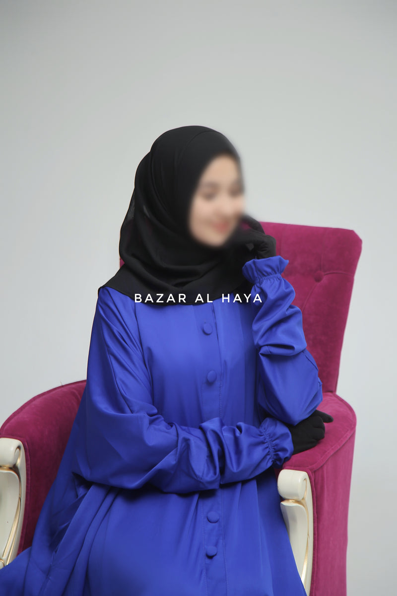 Royal Blue Safa Loose - Fit Abaya With Button Front - Silk Crepe