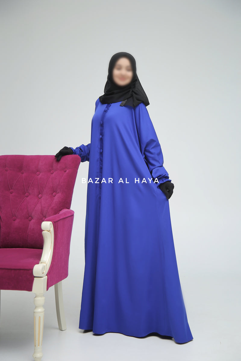 Royal Blue Safa Loose - Fit Abaya With Button Front - Silk Crepe