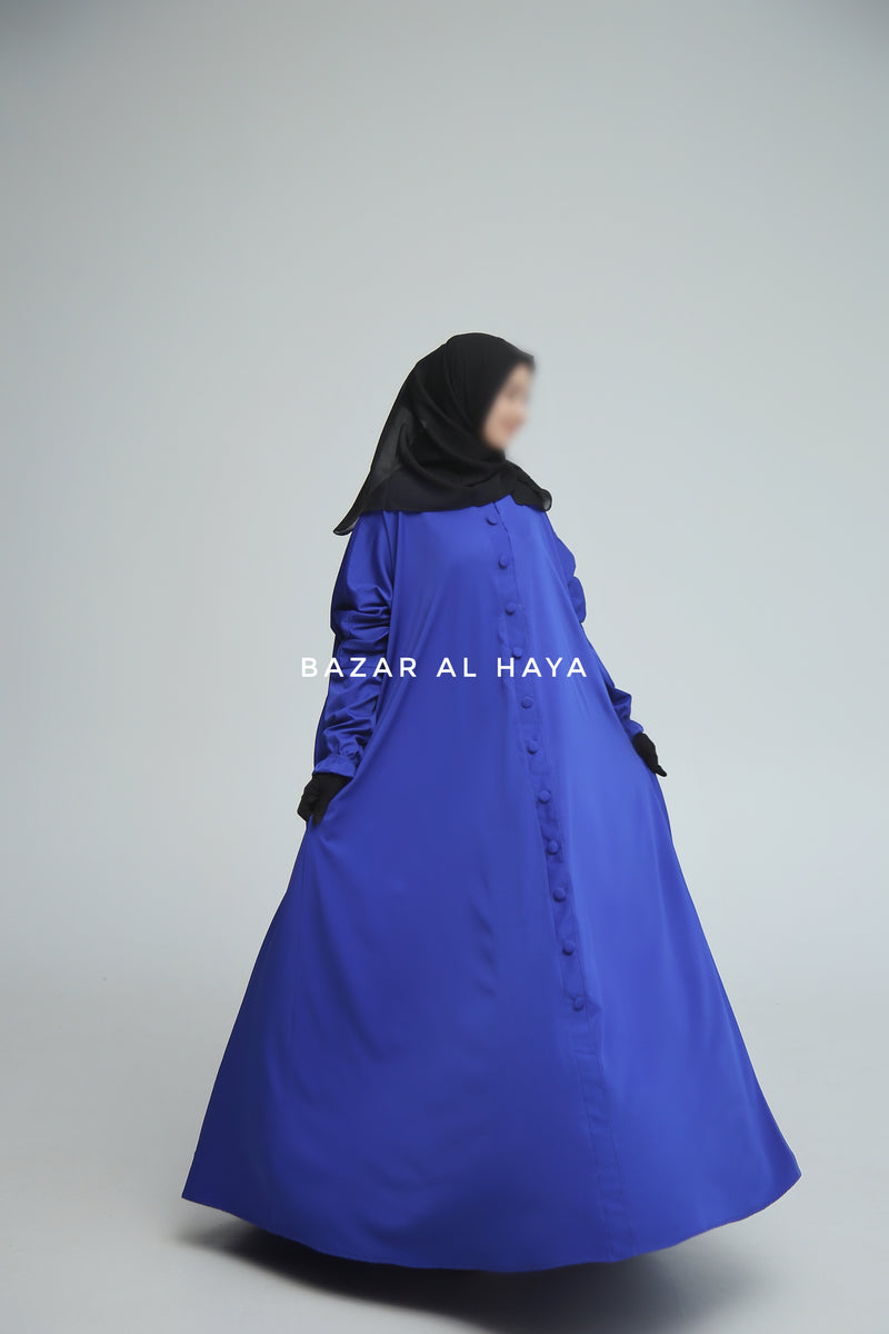 Royal Blue Safa Loose - Fit Abaya With Button Front - Silk Crepe