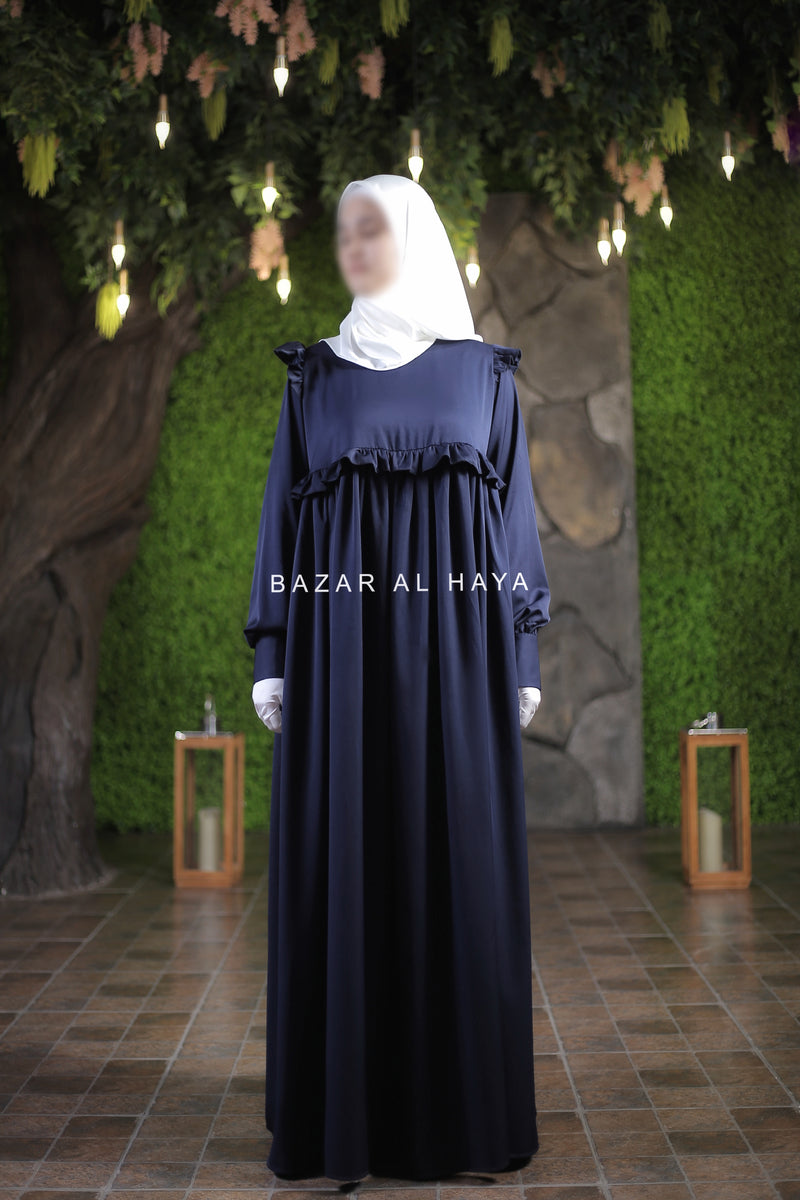 Navy Zaina Ruffle Shoulders & Under Bust Abaya Dress - Soft Silk Crepe