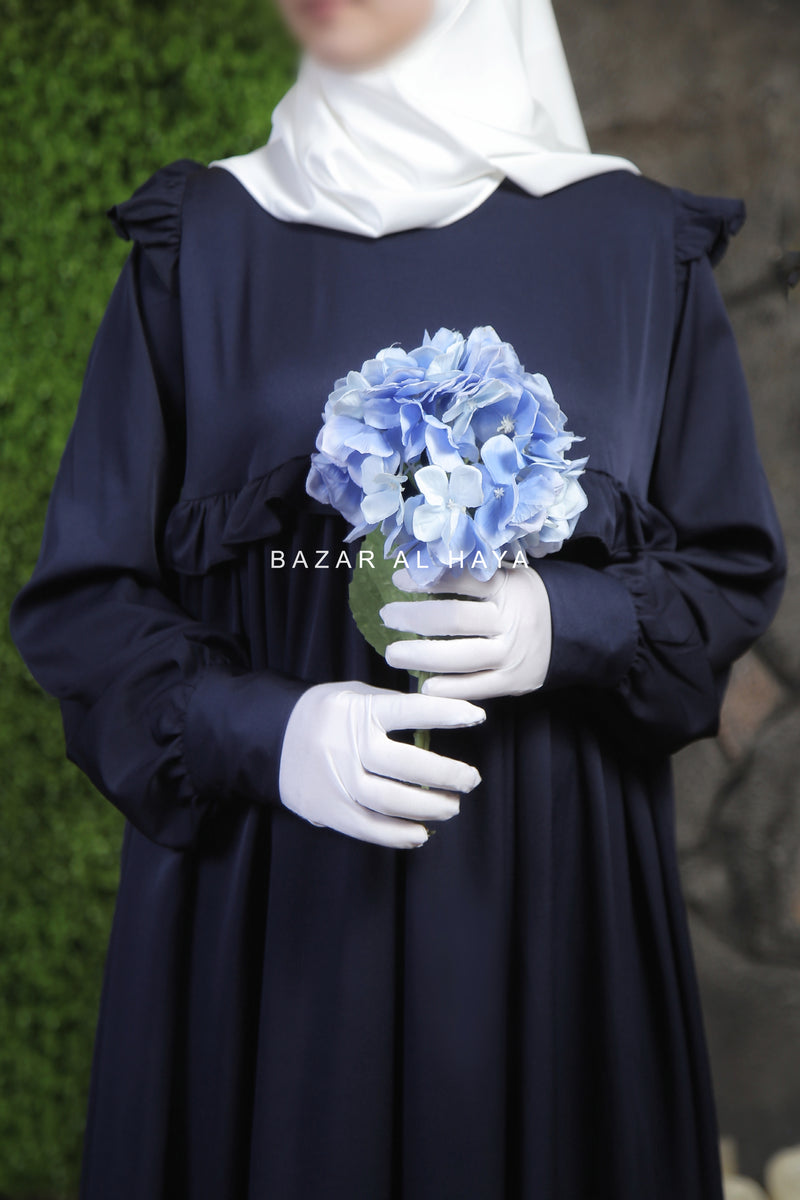 Navy Zaina Ruffle Shoulders & Under Bust Abaya Dress - Soft Silk Crepe