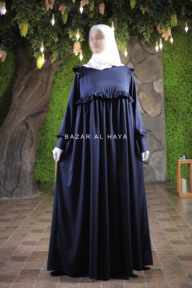 Navy Zaina Ruffle Shoulders & Under Bust Abaya Dress - Soft Silk Crepe