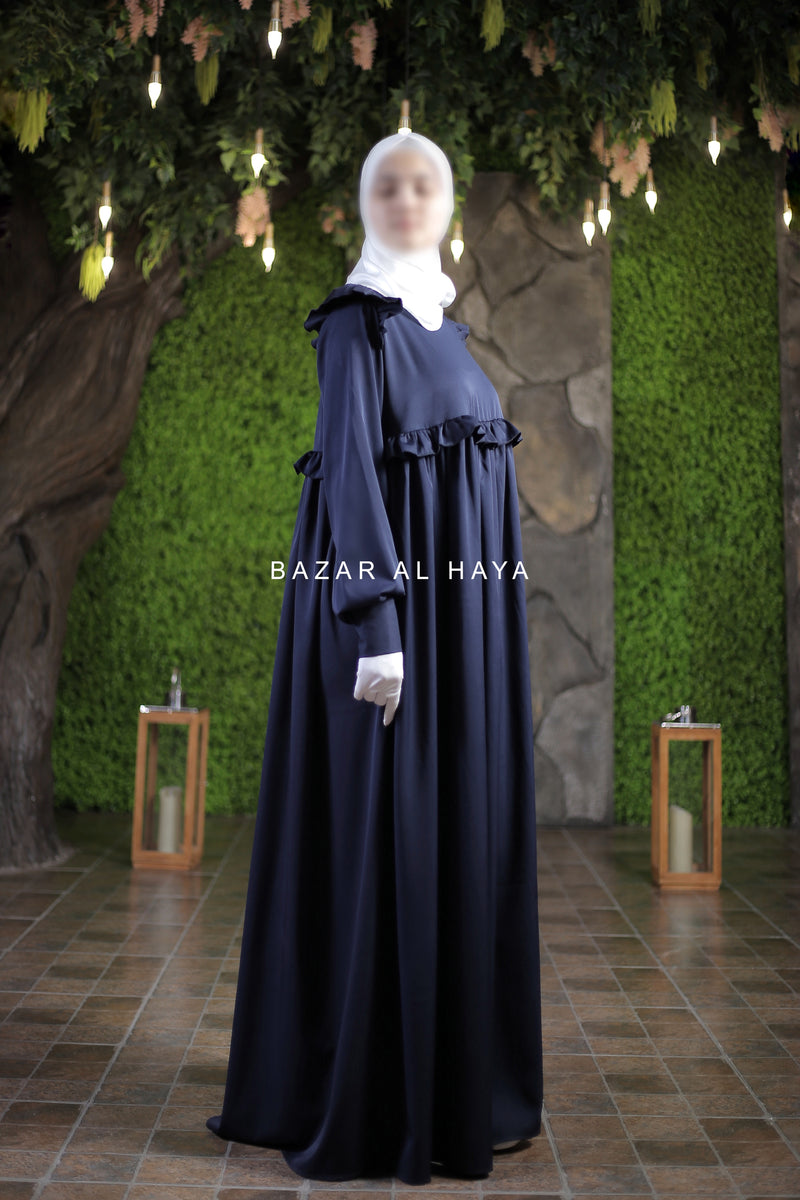 Navy Zaina Ruffle Shoulders & Under Bust Abaya Dress - Soft Silk Crepe