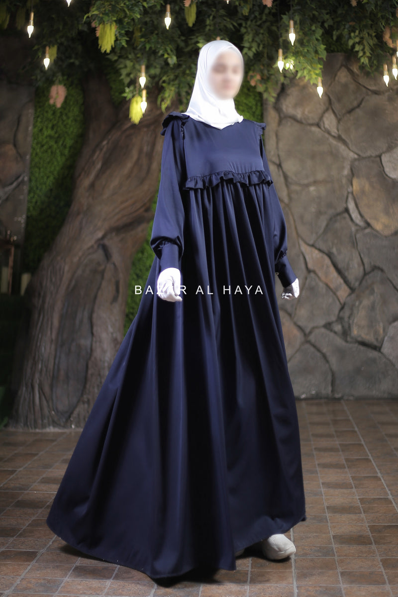 Navy Zaina Ruffle Shoulders & Under Bust Abaya Dress - Soft Silk Crepe