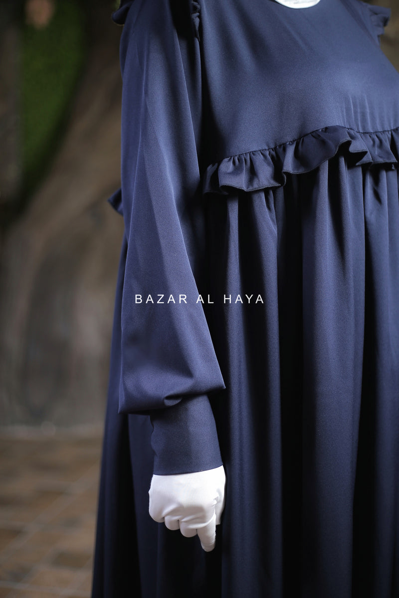 Navy Zaina Ruffle Shoulders & Under Bust Abaya Dress - Soft Silk Crepe