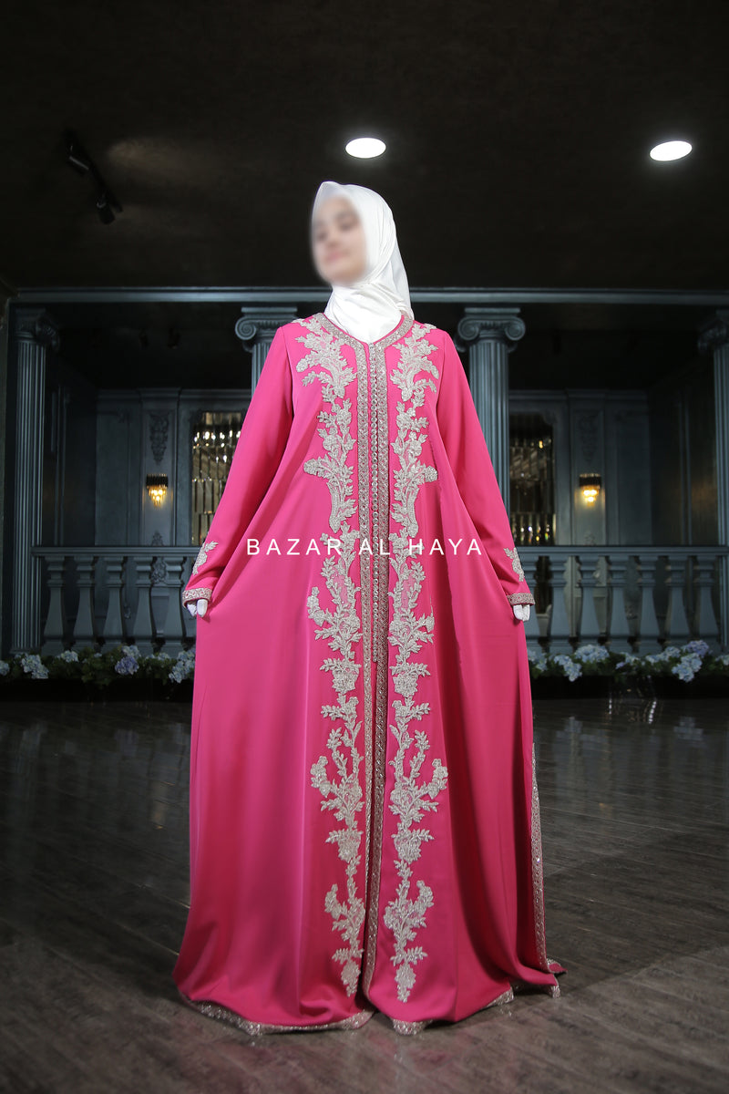 Rassberry Duha Moroccan Embroidered Luxurious Kaftan Abaya With Silk Dress & Belt Set - 3 Piece