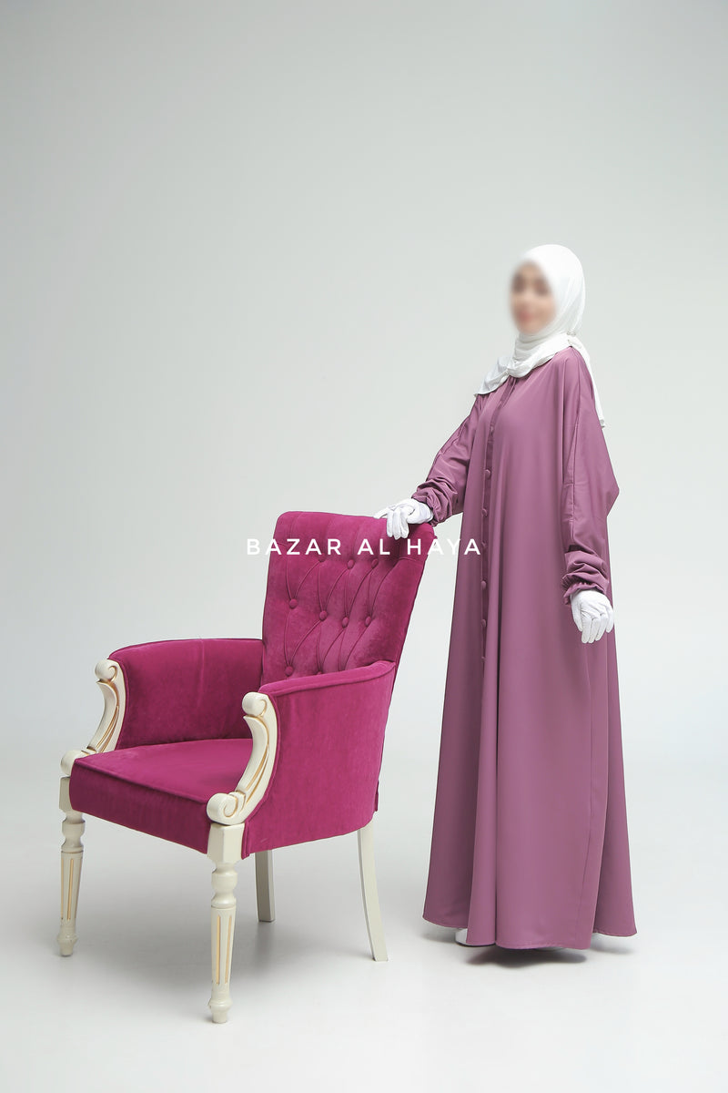 Mauve Safa Loose - Fit Abaya With Button Front - Silk Crepe