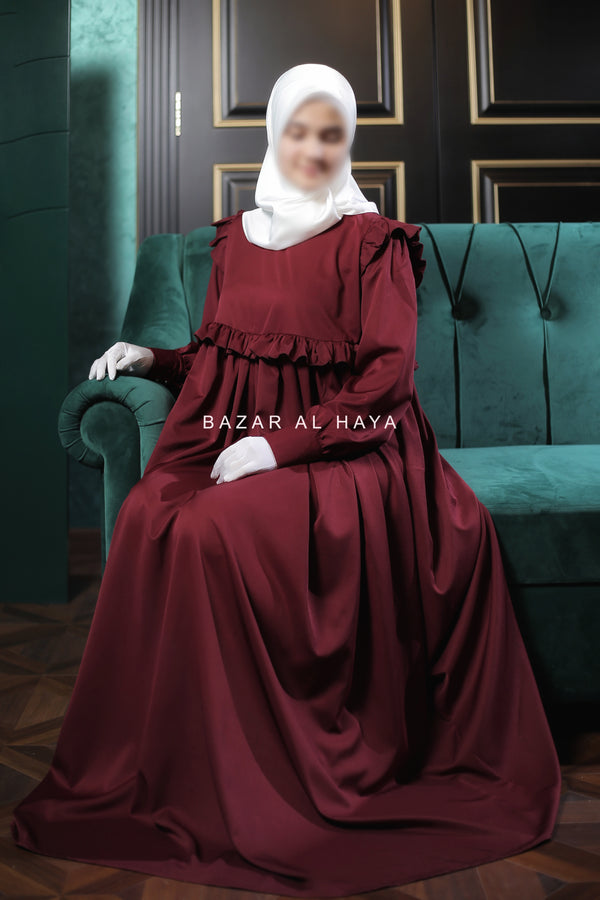 Burgundy Zaina Ruffle Shoulders & Under Bust Abaya Dress - Soft Silk Crepe