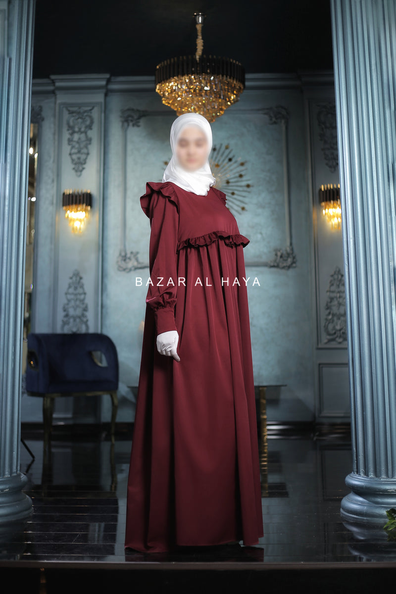 Burgundy Zaina Ruffle Shoulders & Under Bust Abaya Dress - Soft Silk Crepe