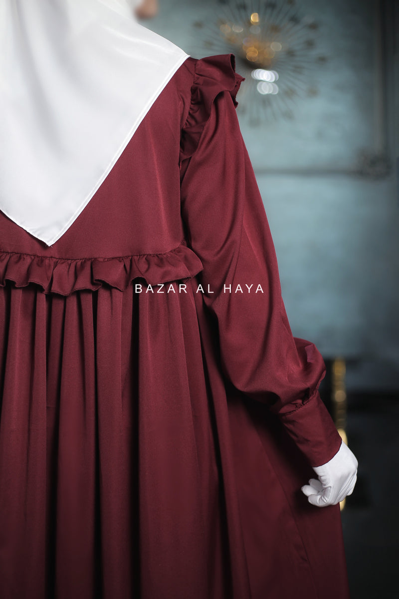 Burgundy Zaina Ruffle Shoulders & Under Bust Abaya Dress - Soft Silk Crepe