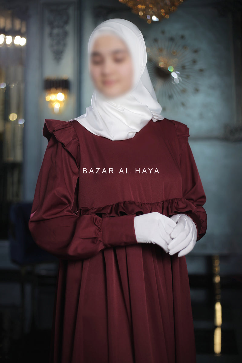 Burgundy Zaina Ruffle Shoulders & Under Bust Abaya Dress - Soft Silk Crepe