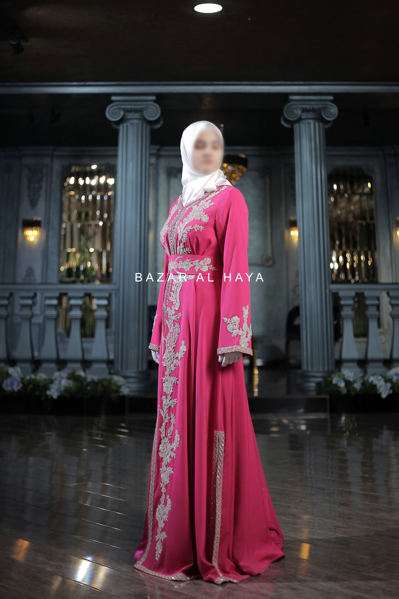 Rassberry Duha Moroccan Embroidered Luxurious Kaftan Abaya With Silk Dress & Belt Set - 3 Piece