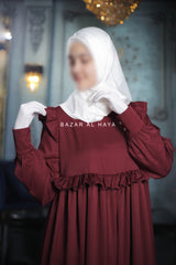 Burgundy Zaina Ruffle Shoulders & Under Bust Abaya Dress - Soft Silk Crepe