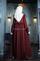 Burgundy Zaina Ruffle Shoulders & Under Bust Abaya Dress - Soft Silk Crepe