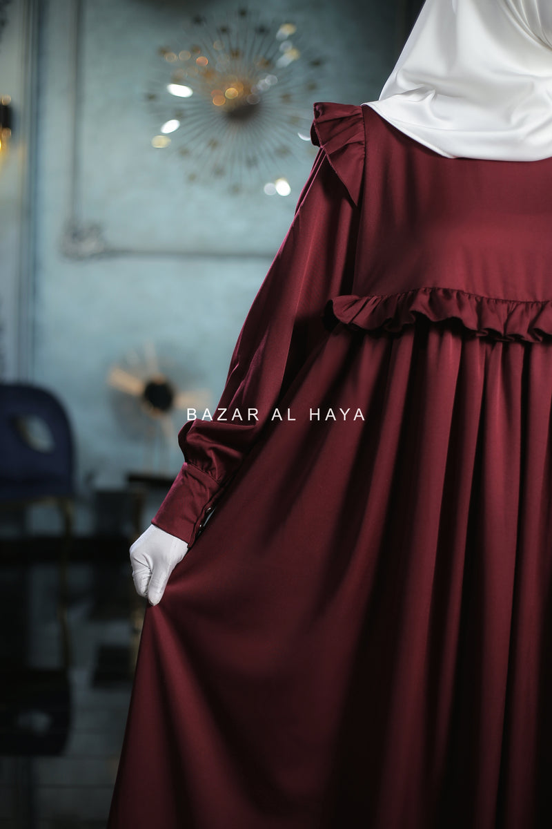 Burgundy Zaina Ruffle Shoulders & Under Bust Abaya Dress - Soft Silk Crepe