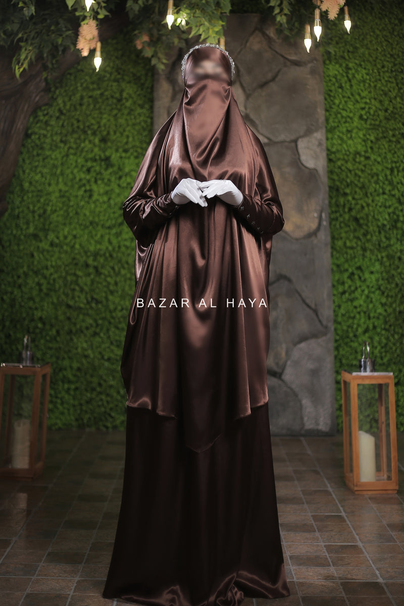 Latifa Chocolate Two Piece Satin Jilbab With Skirt - Long & Loose
