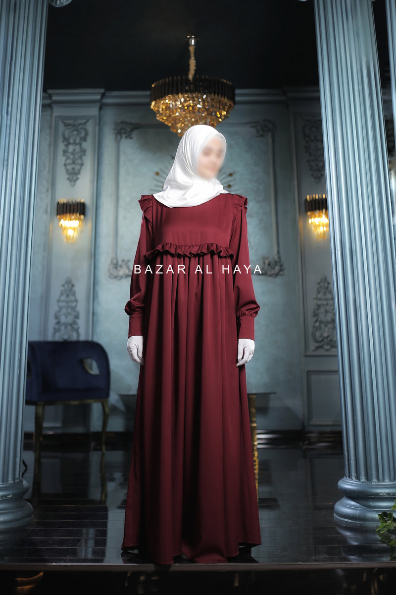 Burgundy Zaina Ruffle Shoulders & Under Bust Abaya Dress - Soft Silk Crepe