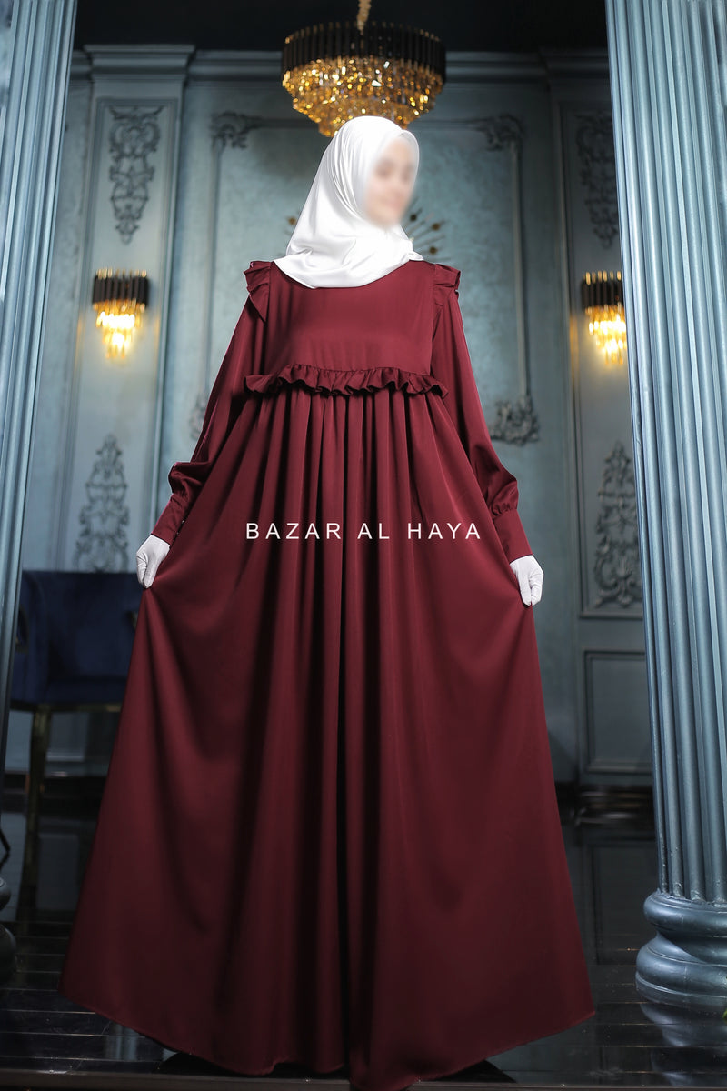 Burgundy Zaina Ruffle Shoulders & Under Bust Abaya Dress - Soft Silk Crepe