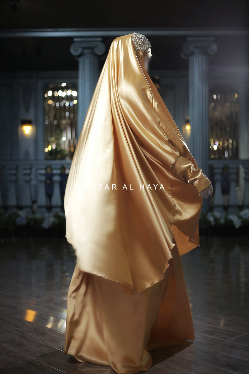 Latifa Yellow Gold Two Piece Satin Jilbab With Skirt - Long & Loose