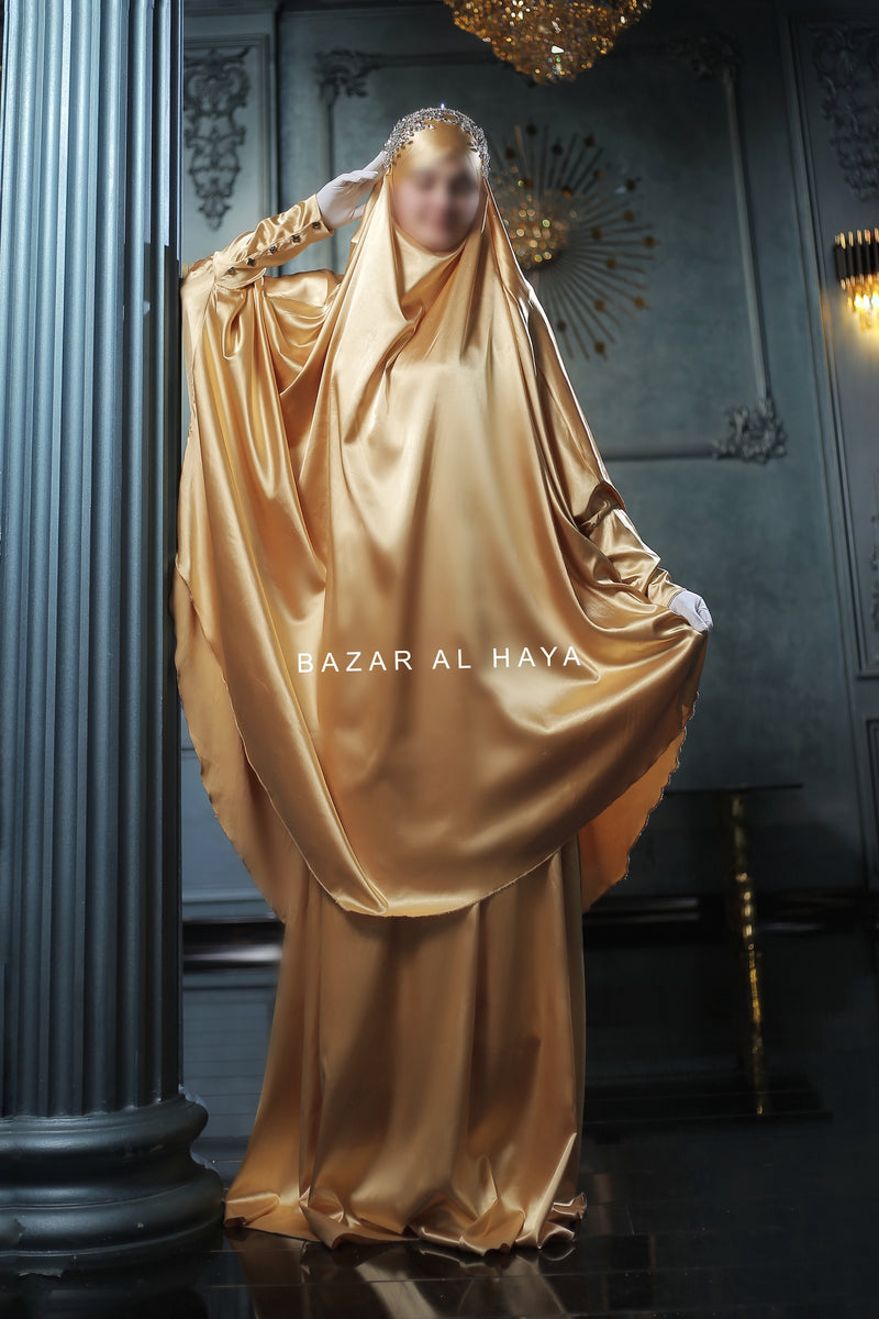 Latifa Yellow Gold Two Piece Satin Jilbab With Skirt - Long & Loose