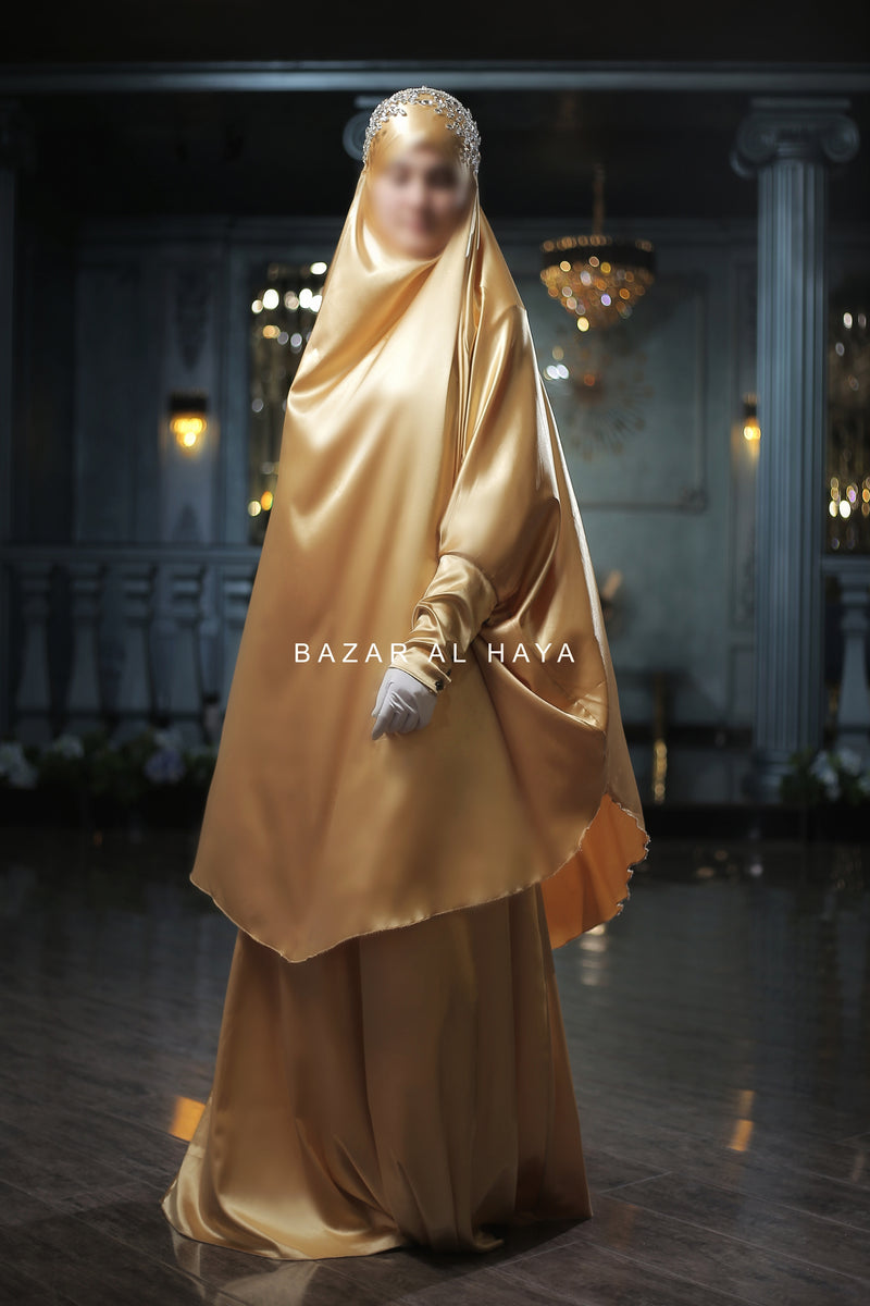 Latifa Yellow Gold Two Piece Satin Jilbab With Skirt - Long & Loose