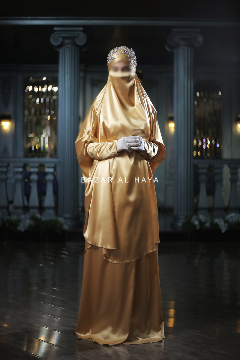 Latifa Yellow Gold Two Piece Satin Jilbab With Skirt - Long & Loose