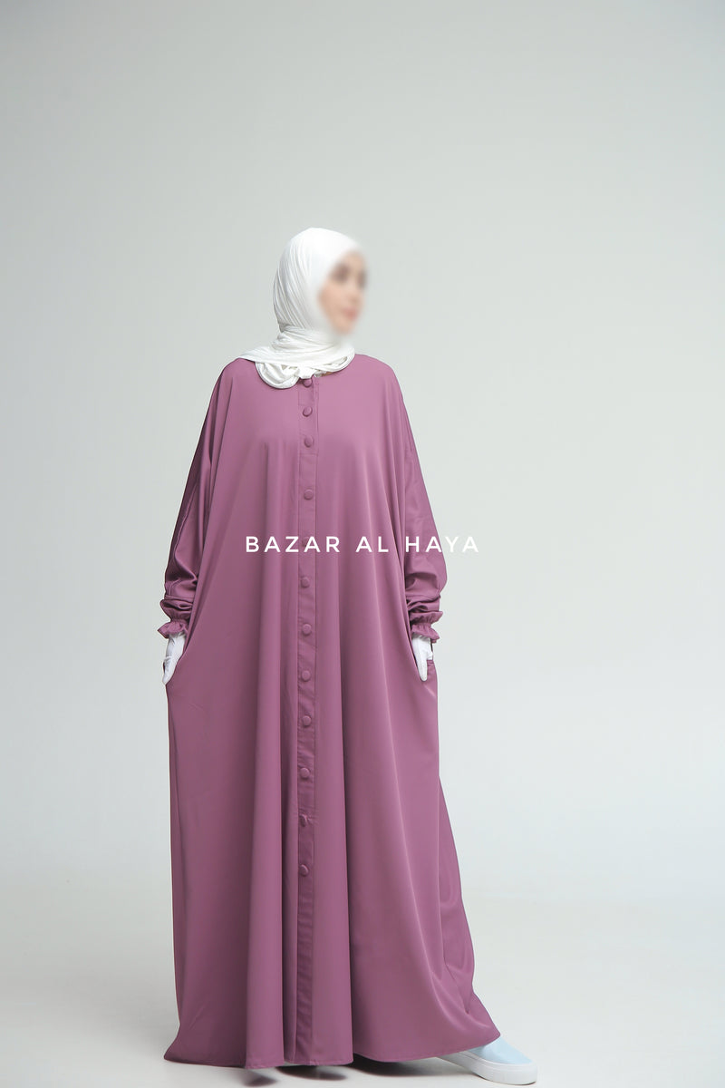 Mauve Safa Loose - Fit Abaya With Button Front - Silk Crepe