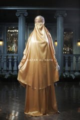 Latifa Yellow Gold Two Piece Satin Jilbab With Skirt - Long & Loose