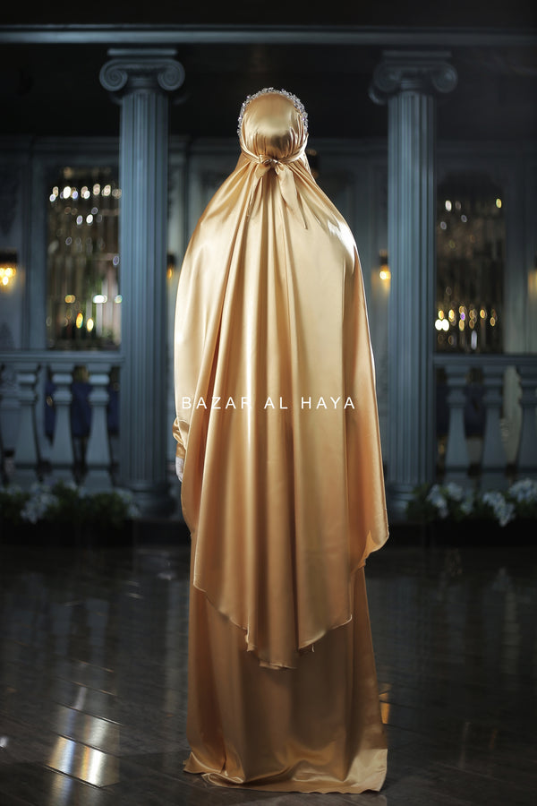 Latifa Yellow Gold Two Piece Satin Jilbab With Skirt - Long & Loose