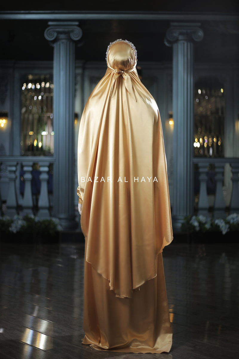 Latifa Yellow Gold Two Piece Satin Jilbab With Skirt - Long & Loose