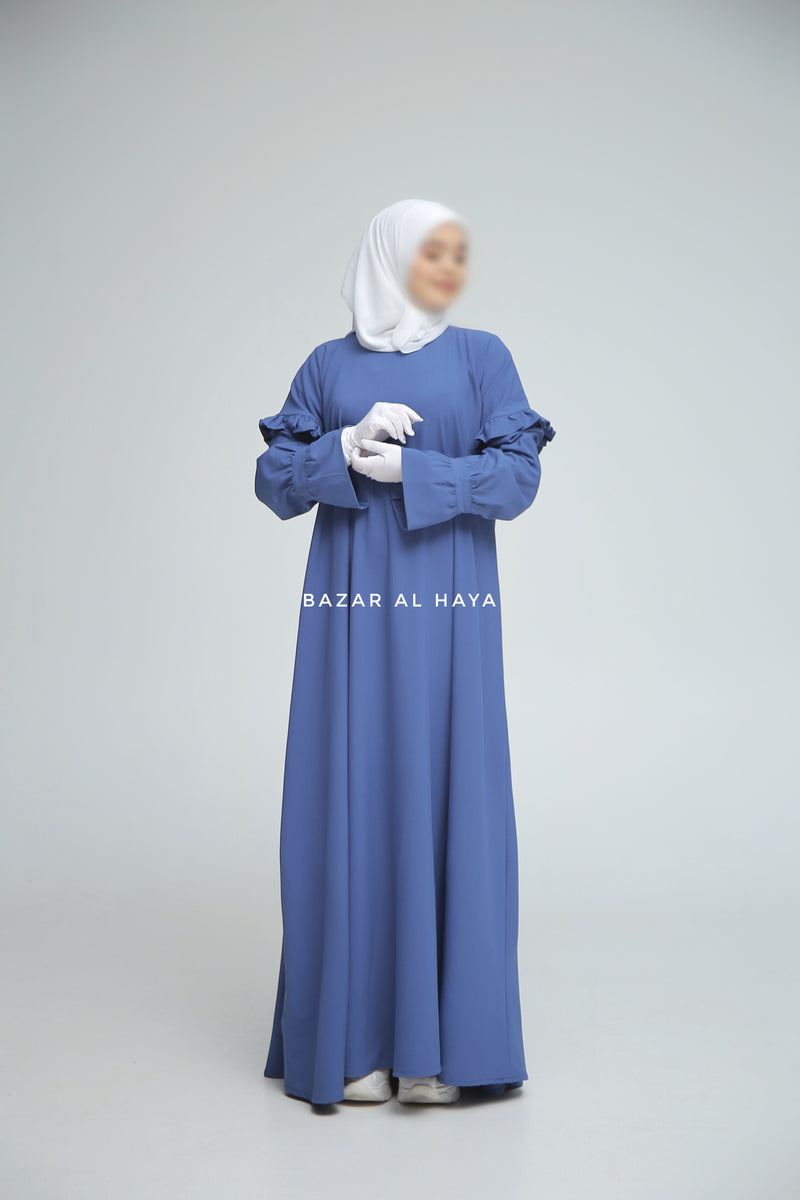 Salima Blue Abaya Dress Sleeve Details - Mediumweight Soft Crepe Cotton