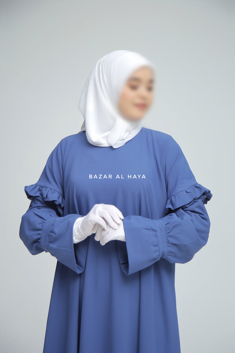 Salima Blue Abaya Dress Sleeve Details - Mediumweight Soft Crepe Cotton