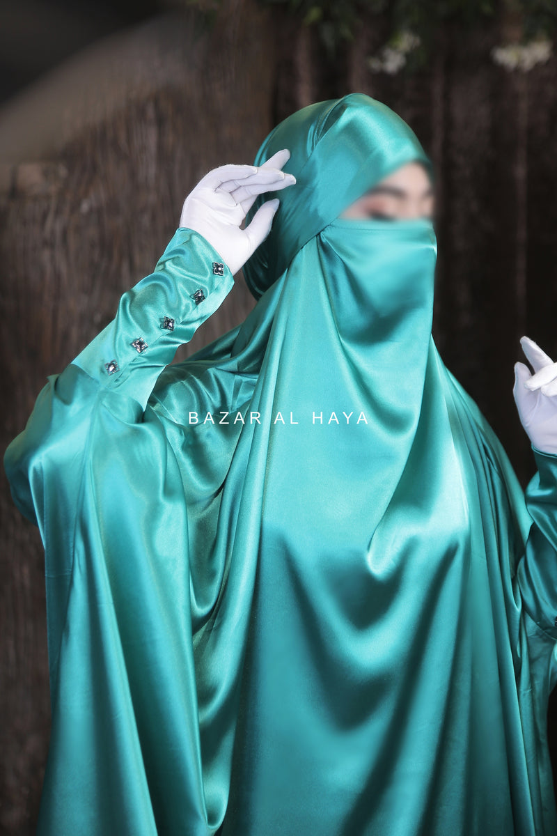 Latifa Teal Two Piece Satin Jilbab With Skirt - Long & Loose