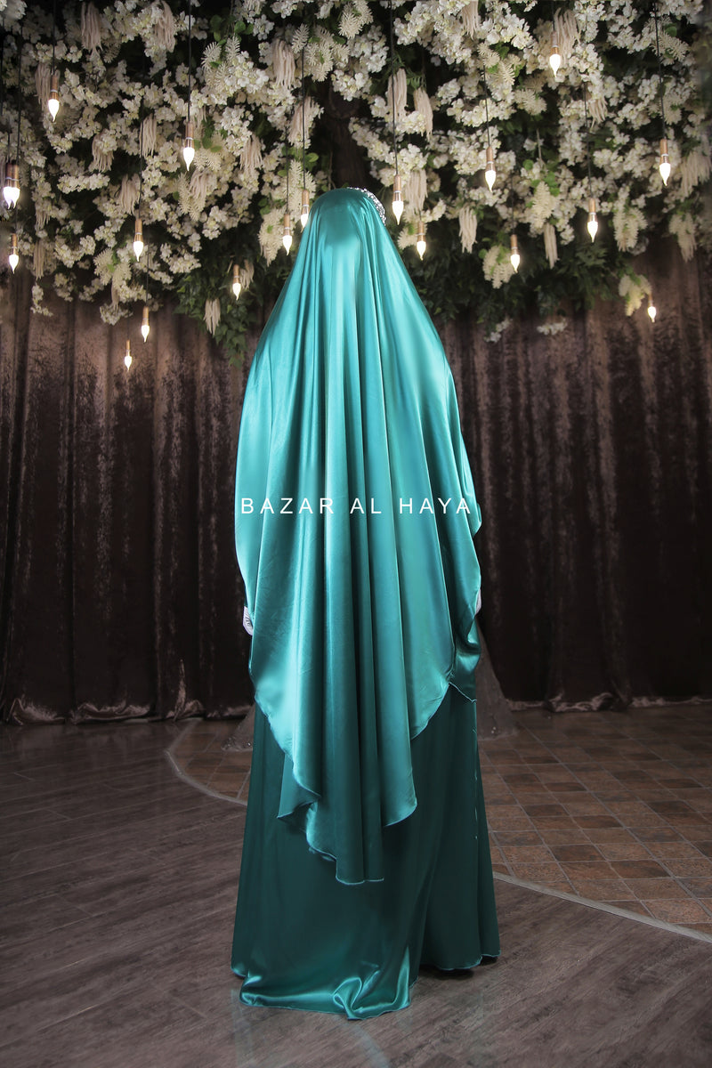 Latifa Teal Two Piece Satin Jilbab With Skirt - Long & Loose