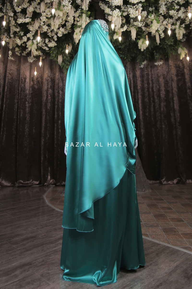 Latifa Teal Two Piece Satin Jilbab With Skirt - Long & Loose