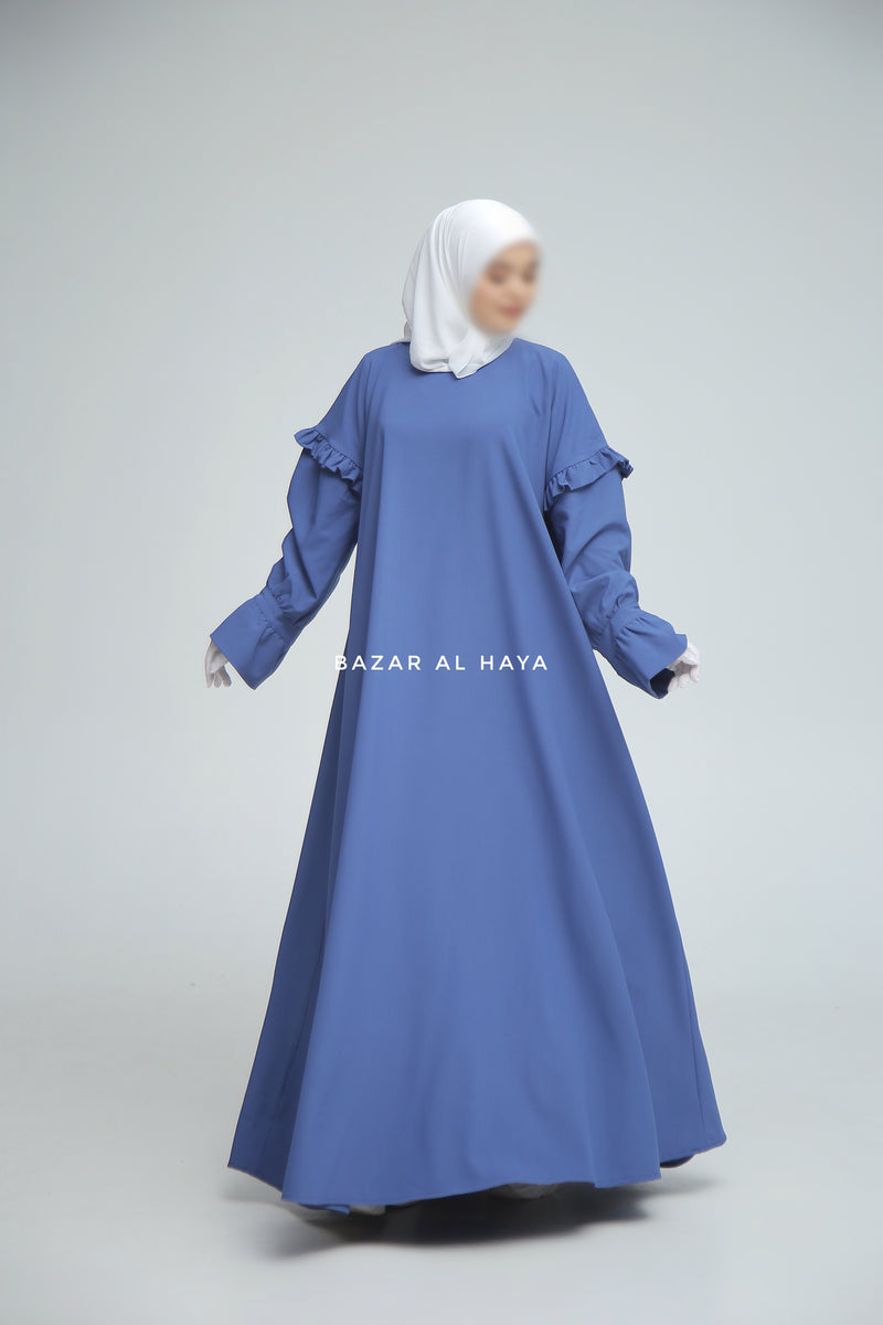 Salima Blue Abaya Dress Sleeve Details - Mediumweight Soft Crepe Cotton