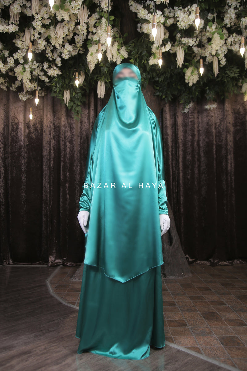 Latifa Teal Two Piece Satin Jilbab With Skirt - Long & Loose