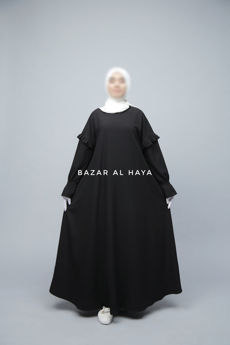 Black Salima Abaya Dress Sleeve Details - Mediumweight Soft Crepe Cotton