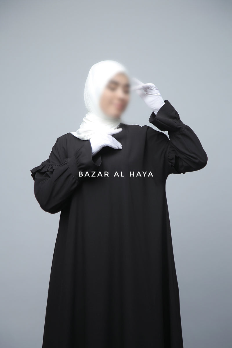 Black Salima Abaya Dress Sleeve Details - Mediumweight Soft Crepe Cotton