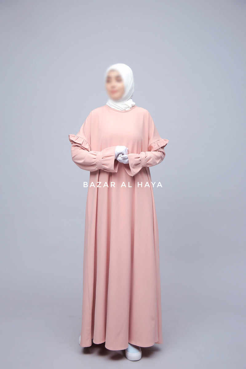 Light Peach Salima Abaya Dress Sleeve Details - Mediumweight Soft Crepe Cotton
