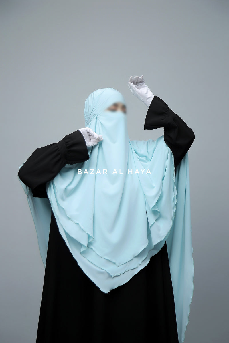 Baby Blue Aiza Three Layered Diamond Khimar - Premium Stretch