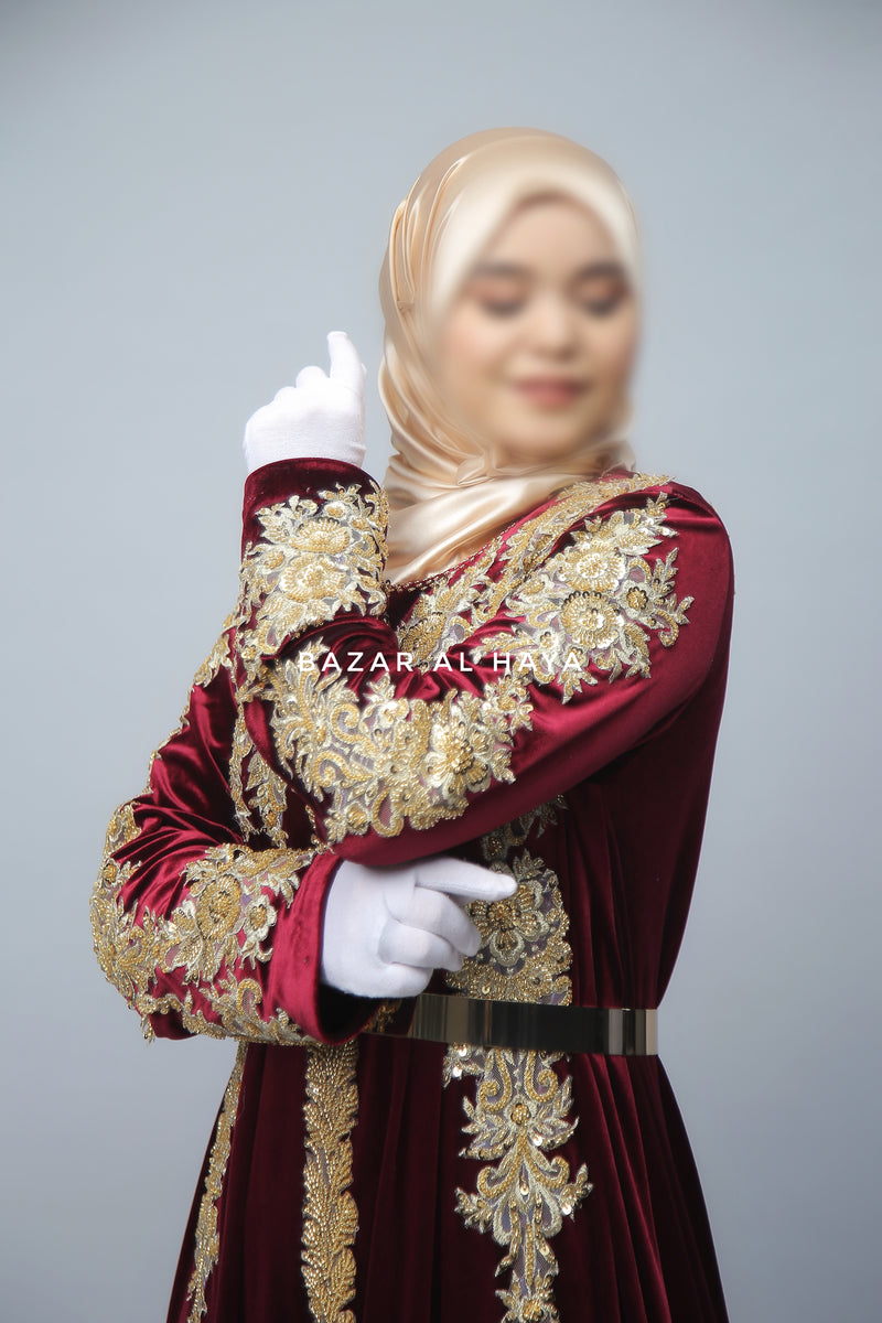 Yusra Moroccan Embroidered Luxurious Velour Kaftan Abaya In Maroon