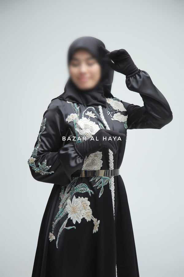 Farha Black Moroccan Embroidered Luxurious Silk Kaftan Abaya