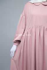 Pink Erina Abaya Dress, Unique Round Collar Classic Design - Puff Sleeves