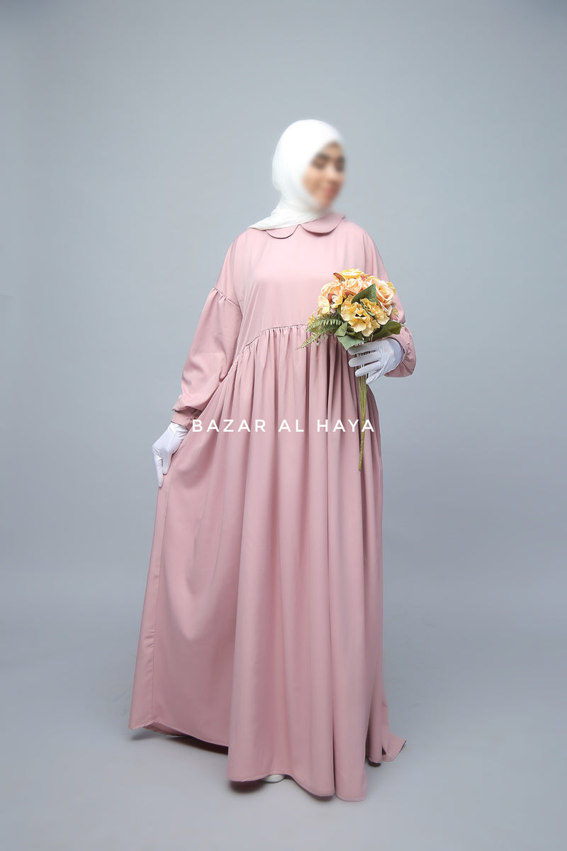 Pink Erina Abaya Dress, Unique Round Collar Classic Design - Puff Sleeves